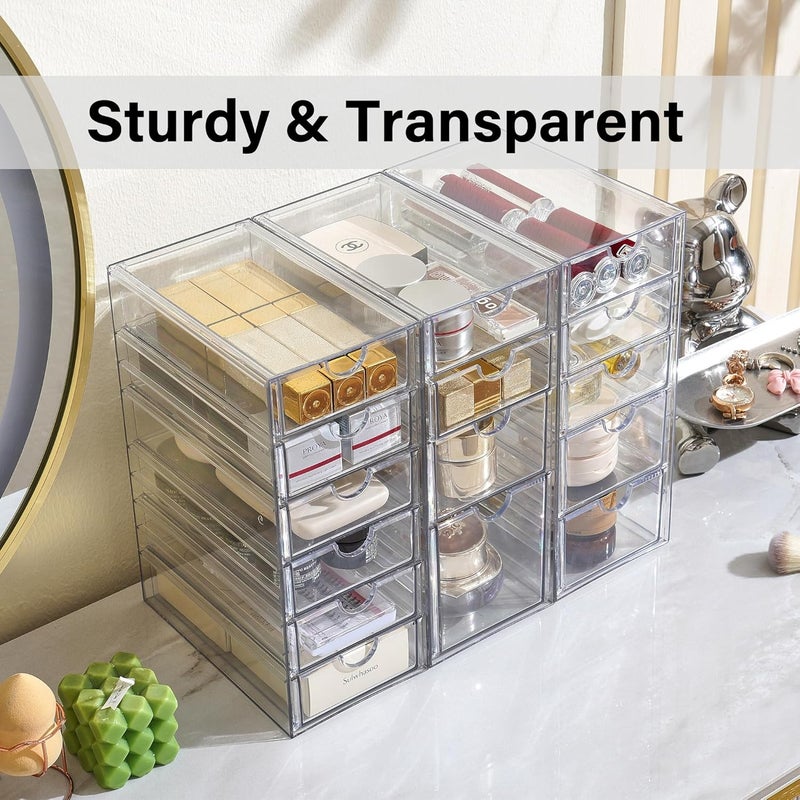 Prsildan Acrylic Drawer Organizer with 15 Drawers, Makeup Craft Office Desk Organizers Accessories, Set of 3 Clear Stackable Storage Drawers for Vanity, Countertop, Jewelry, Art Supply Organization - Image 4
